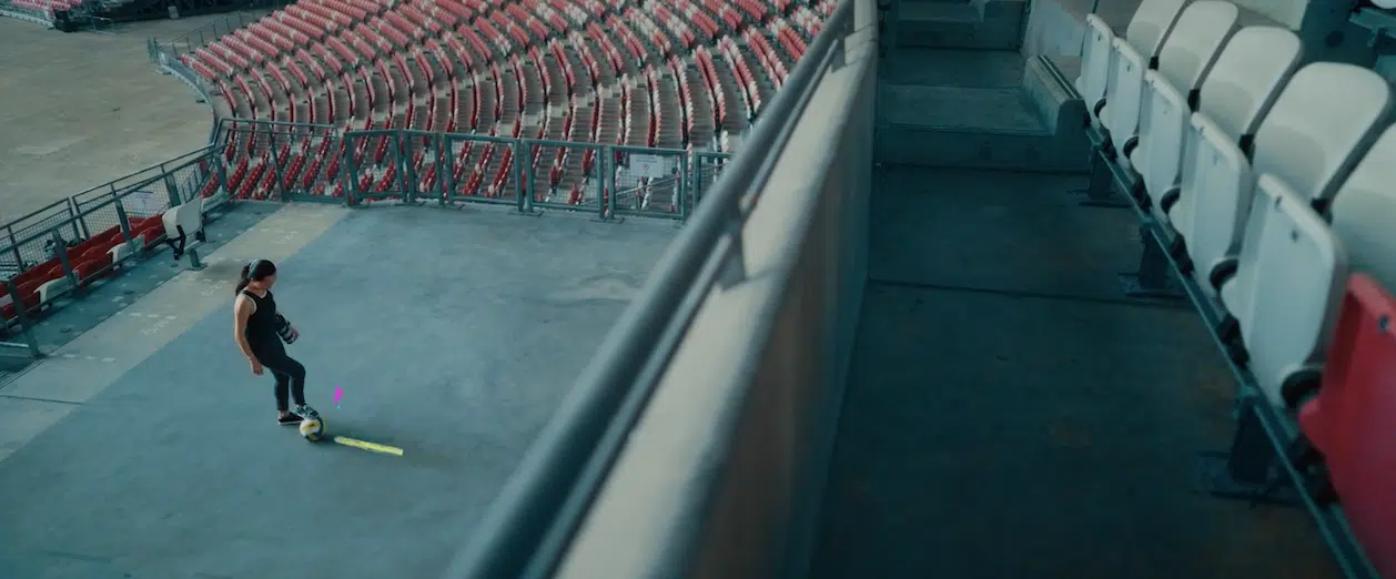 a transition from the previous shot using camera movement and graphics
